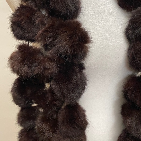 Dark Brown Pom Pom Rabbit Fur Scarf - Picture 3 of 4